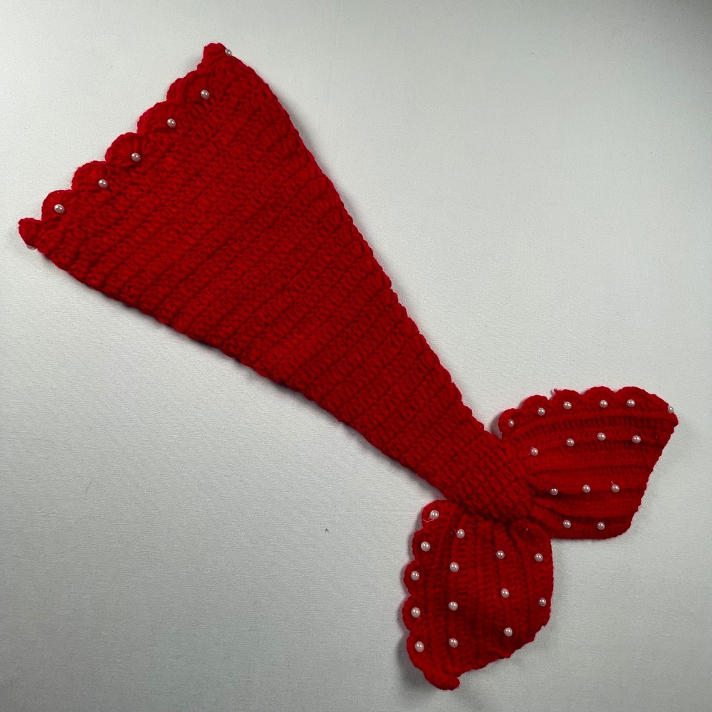 Handmade Baby Red Crochet Mermaid Tail Blanket Faux Pearl Accents Cozy Knit Fin